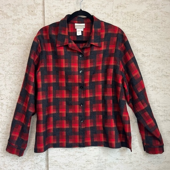 Coldwater Creek Button Up 100% Wool Shacket S XL P Shirt Jacket Buffalo Plaid - Picture 1 of 13